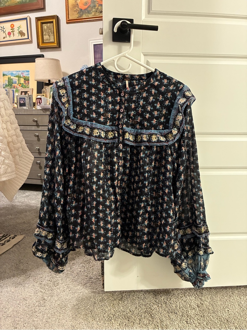 Free People Black Floral Boho Ruffled Yoke Blouse
